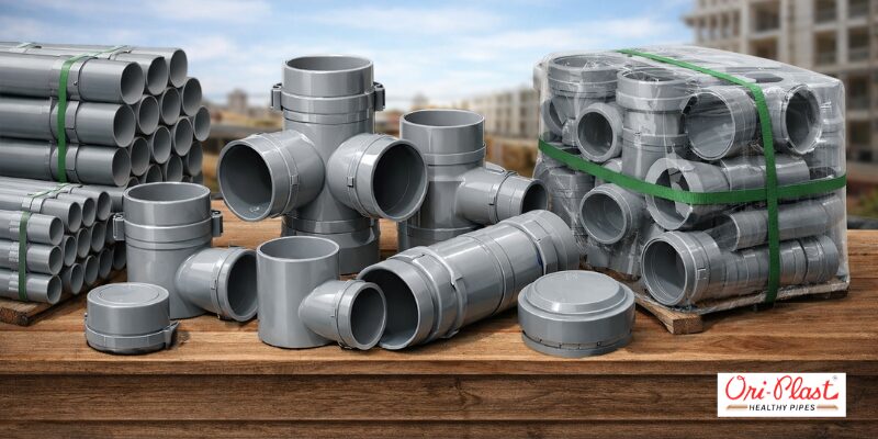 Assorted grey SWR fittings including tees, bends, couplers, and pipes neatly arranged on a wooden table at a construction site for efficient drainage installation.