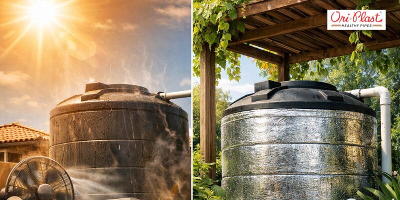 A side-by-side comparison showing a standard black water tank overheating under a scorching sun versus an insulated water tank protected by a thermal jacket under a shaded pergola to keep water cool during summer.