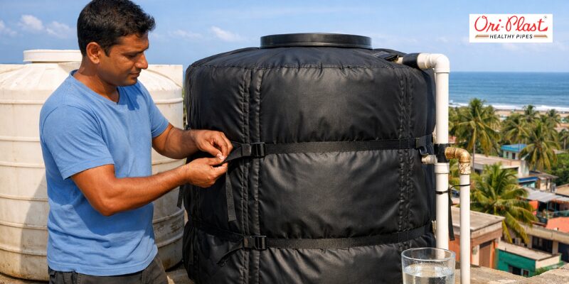 Close-up of a black heat-resistant water tank cover being fitted by a person. The image demonstrates a simple yet effective way to maintain cool water for household use, featuring high-quality plumbing and coastal scenery in the background.