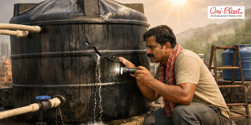 A homeowner performing a water tank maintenance check on a rooftop, using a flashlight to inspect a large vertical crack and water leak caused by heat expansion.