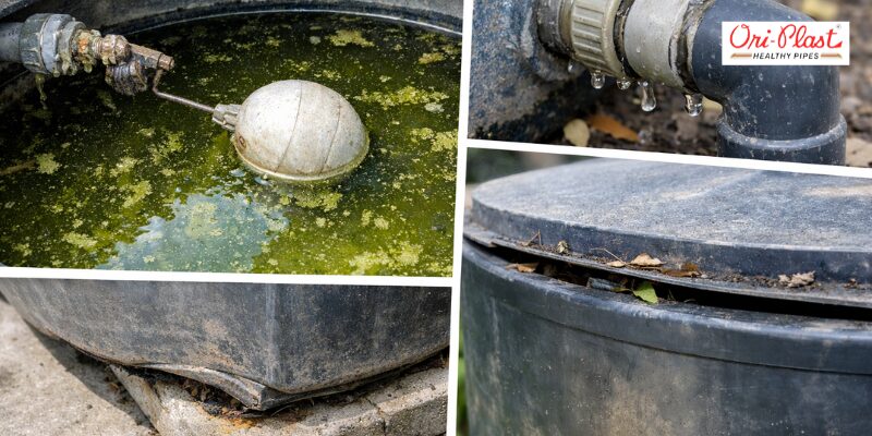 Visual guide to common water tank problems during summer, including algae contamination, dripping valves, and structural warping due to extreme Indian heat.