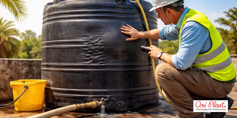 Inspecting a rooftop PVC tank for heat-related fatigue. This water tank maintenance step involves checking seams and surfaces for deformities before they turn into major leaks.