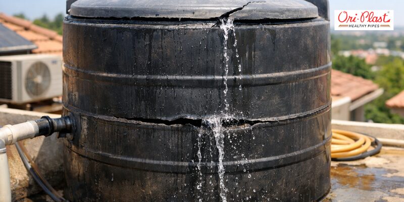 A black plastic water tank with deep structural splits and leaking seams. When water tank maintenance is ignored, UV brittleness can cause large-scale failures that require a full tank replacement.