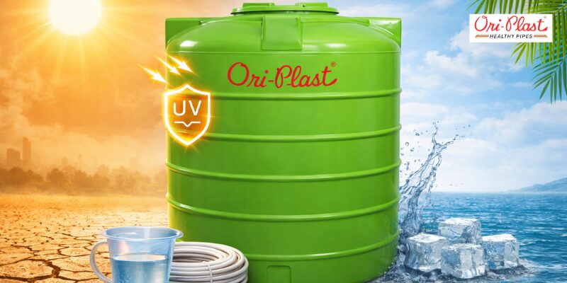 An Ori-Plast UV-protected green water tank shown surviving extreme heat. Choosing a triple-layer, heat-resistant model is a key part of long-term water tank maintenance, keeping stored water cool and preventing structural cracks.