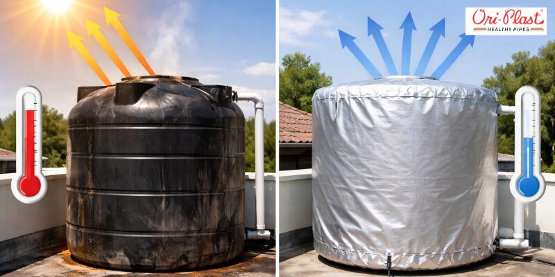 A side-by-side comparison showing a black water tank absorbing heat versus a tank protected by UV resistant tank covers reflecting sunlight to keep water cool.