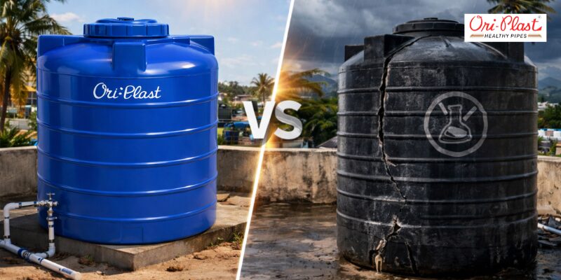 A comparison between a durable blue Ori-Plast tank and a cracked black tank, demonstrating why choosing the best LLDPE water tanks in India is essential for weather resistance.