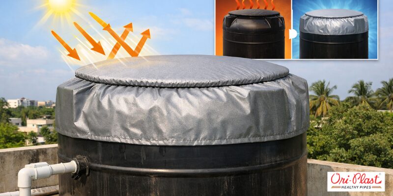 A rooftop water tank featuring a silver UV resistant tank cover that reflects intense solar radiation to prevent water heating.