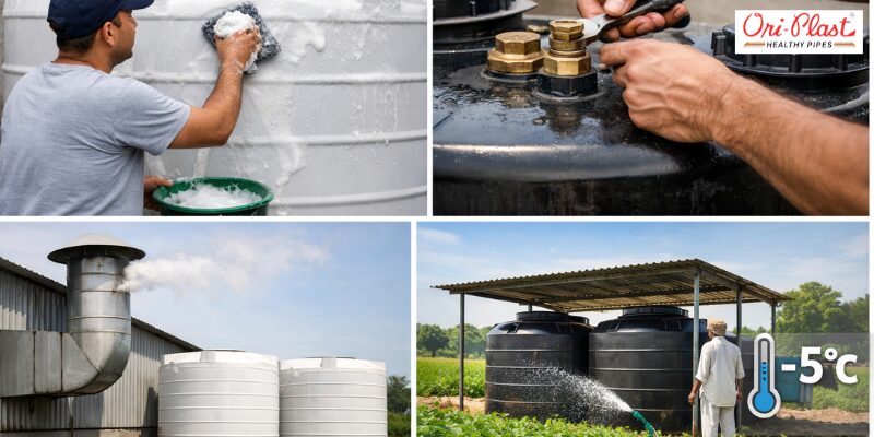 A collage showing tank cleaning, plumbing installation, and thermal insulation performance, proving why these are the best LLDPE water tanks in India for temperature control.