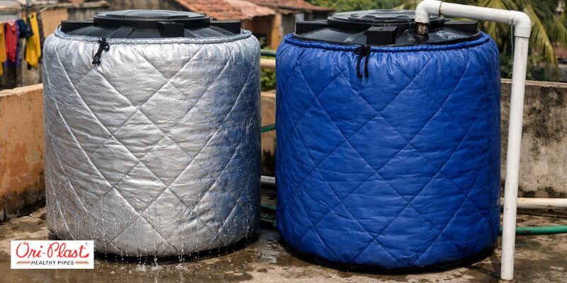 Two rooftop water tanks protected by quilted UV resistant tank covers in silver and blue colors to maintain water temperature.