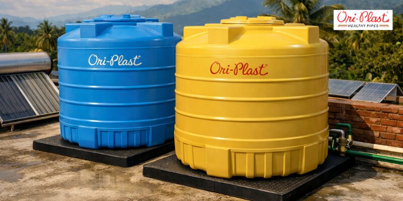 A banner featuring blue, pink, and green Ori-Plast water tanks, titled "Best LLDPE Water Tanks India: Top 5 Heat-Resistant Picks" for high-quality domestic storage.