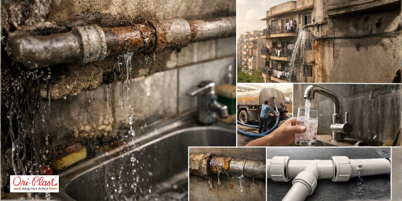 A comparison between a corroded metal pipe and a smooth Oriplast leak-proof water pipe, featuring a borewell pump and a bathroom sink.
