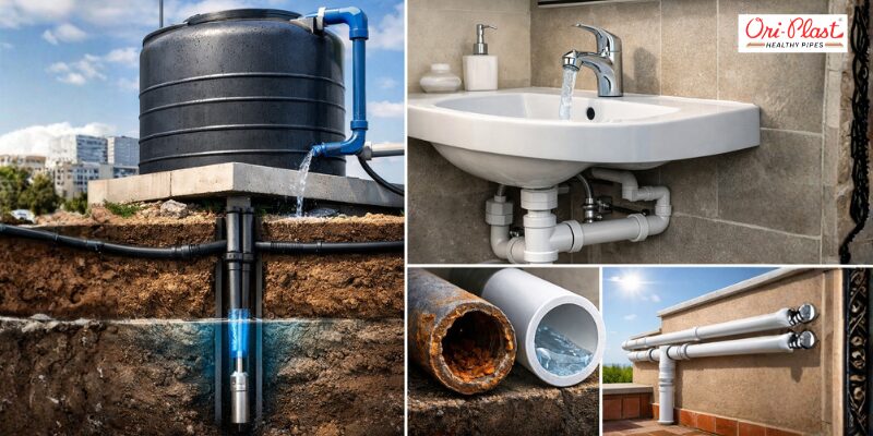 Images of rusty, dripping metal pipes in a kitchen and an apartment building contrasted with a modern uPVC leak-proof water pipe joint.