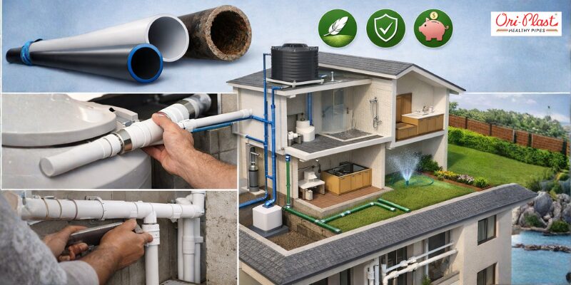 A 3D house cutaway demonstrating the installation of leak-proof water pipes for bathrooms, kitchens, and rooftop tanks to prevent wastage.