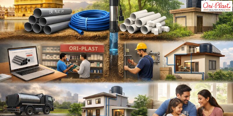 A comprehensive collage showing Oriplast leak-proof water pipes, borewell systems, and a happy family enjoying clean water supply in a modern home.