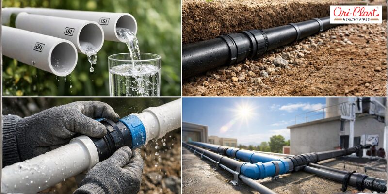 A collage showing ISI-marked leak-proof water pipes delivering clean drinking water, an underground HDPE line, a plumber securing a watertight joint, and UV-resistant rooftop piping.