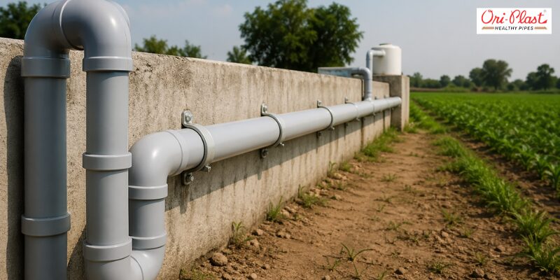 Sturdy heat resistant PVC pipes installed along a concrete wall to support an outdoor water supply system.