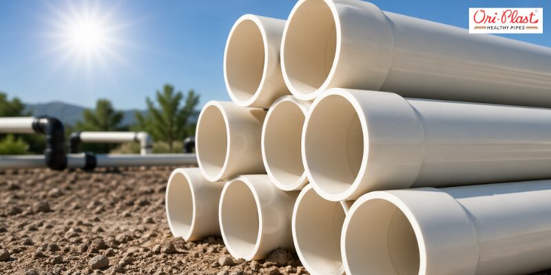 A close-up view of heat resistant PVC pipes stacked outdoors, demonstrating their ability to withstand direct sunlight.