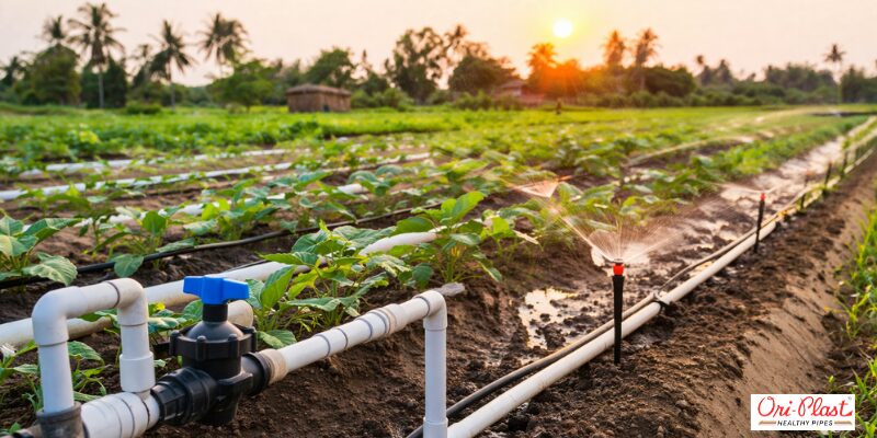 PVC pipes distribute water in rows to irrigate crops effectively during the dry season.