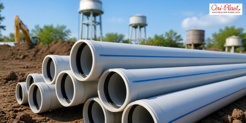 A collection of heat resistant PVC pipes stored at a construction site with water infrastructure in the background.