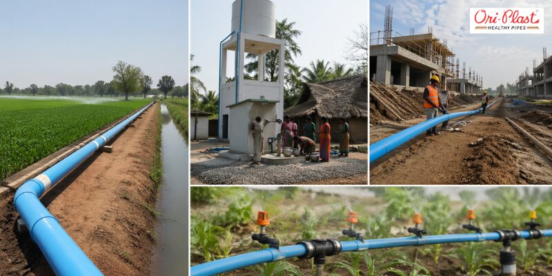 A collage displaying various uses of heat resistant PVC pipes in farming, residential water tanks, and construction sites.