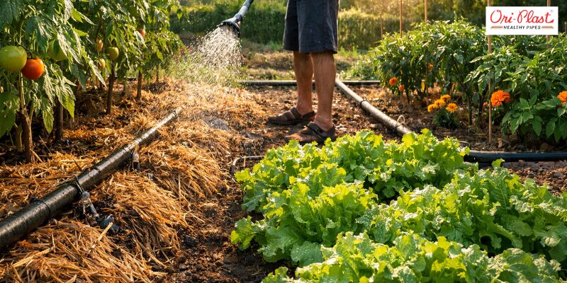 Straw mulch is used in combination with PVC pipe irrigation to keep soil moist and plants healthy.