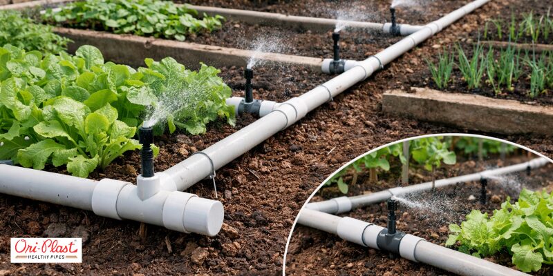 High-quality PVC pipe is used to create efficient micro-sprinklers for targeted watering in a vegetable garden.