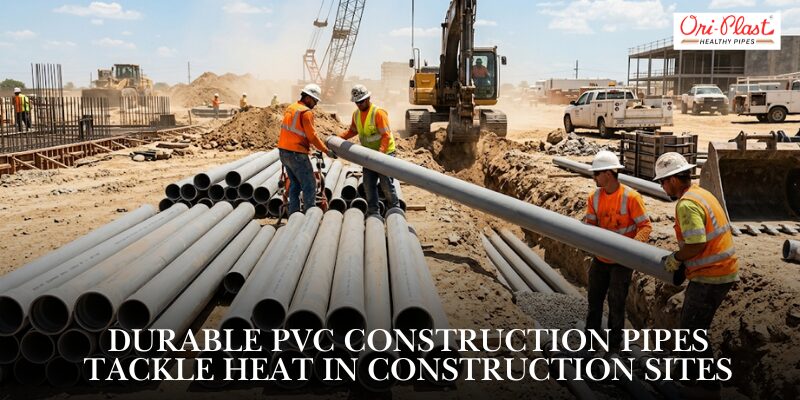 Construction crew moving large grey PVC construction pipes at a dusty excavation site with heavy machinery in the background.