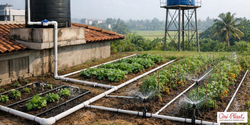 Drip and sprinkler systems are set up in a backyard garden, using PVC pipes to deliver water efficiently.