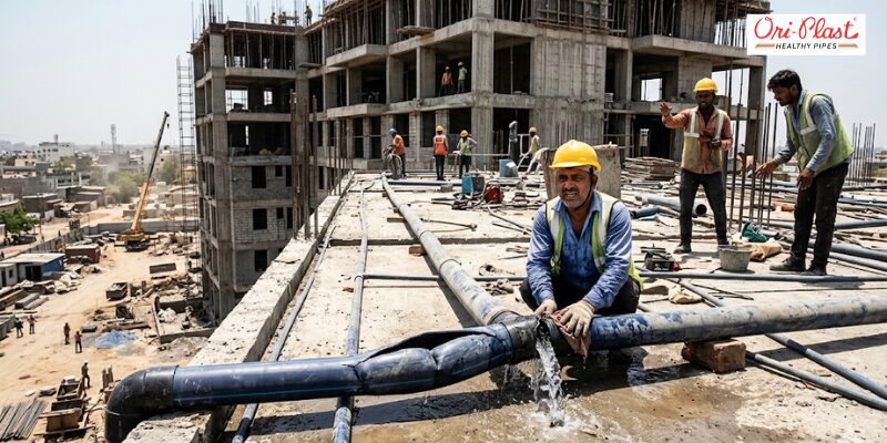 Workers managing a water flow connection on a high-rise building site using heavy-duty PVC construction pipes.