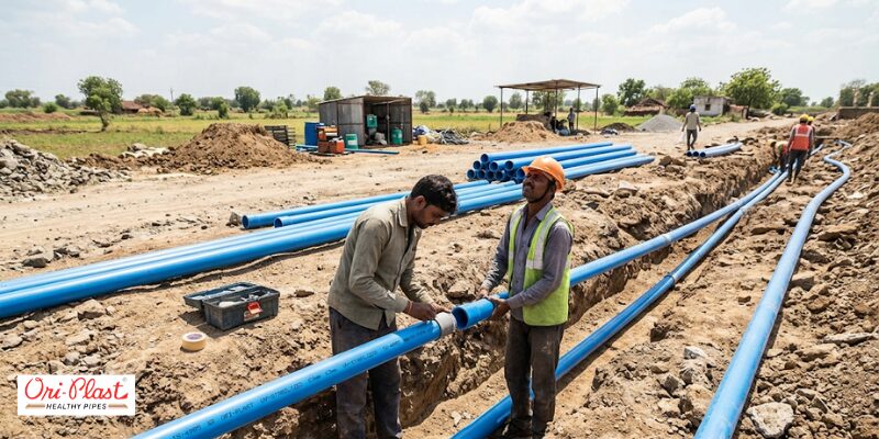 Workers manually aligning and installing long blue PVC construction pipes into a ground trench for drainage.