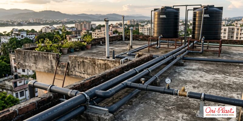 A network of grey PVC construction pipes installed on a building rooftop connecting to large water storage tanks.