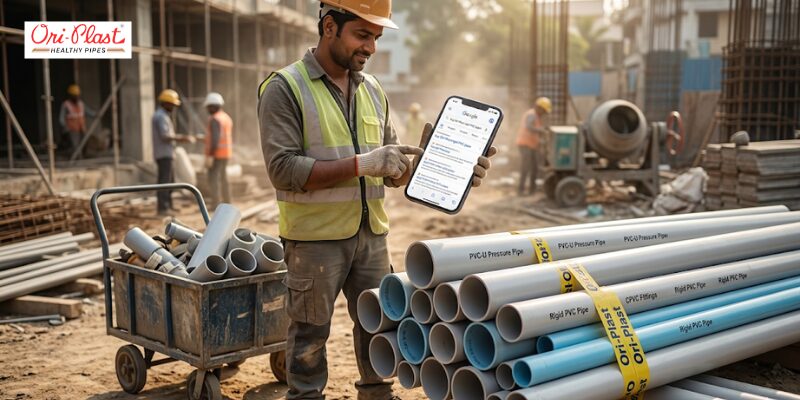 A site engineer in a safety vest holding a smartphone next to a stack of Ori-Plast PVC construction pipes.