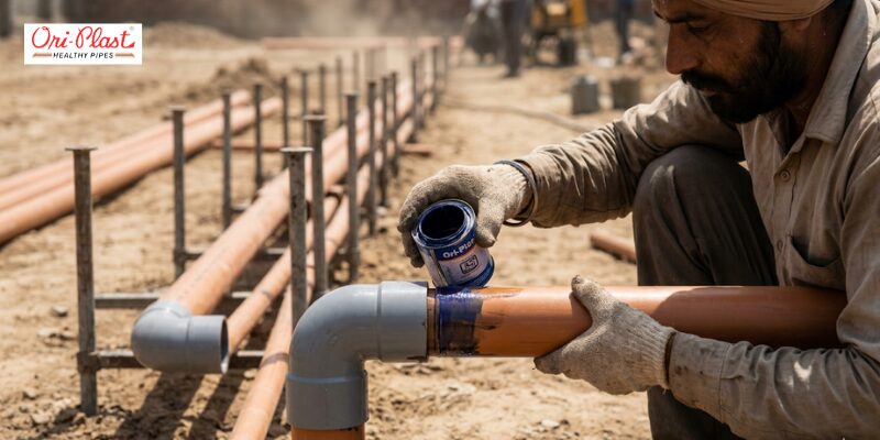 A construction worker applying blue solvent cement to a PVC construction pipe elbow joint at an outdoor site.
