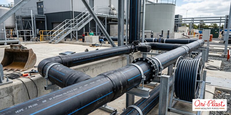 PE100 marked HDPE pipes for industrial fluid treatment infrastructure laid out near a storage tank facility.