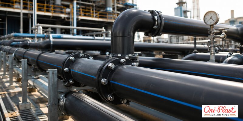 Large-diameter HDPE pipes for industrial fluid monitoring equipped with pressure gauges and robust flanged elbow joints.