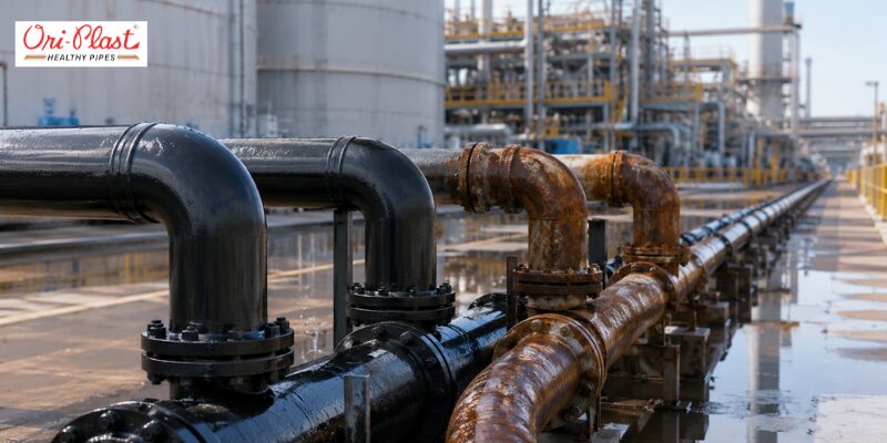 Comparison of rust-free HDPE pipes for industrial fluid vs corroded metal pipelines in an outdoor refinery setup.