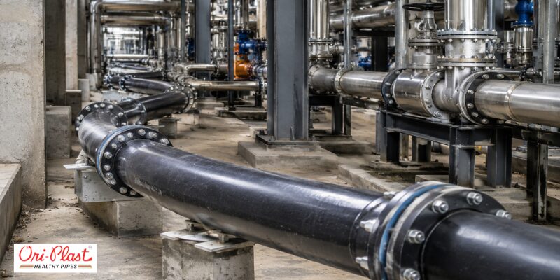 Durable HDPE pipes for industrial fluid routing running through a concrete facility basement with secure flange connections.