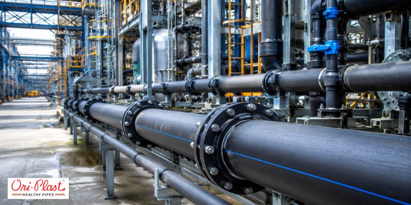 Bolted flange joints connecting high-density polyethylene (HDPE) pipes for industrial fluid distribution across a complex manufacturing facility.