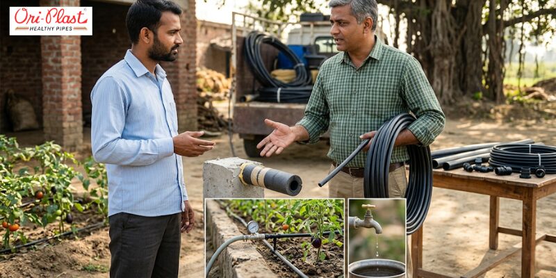 A piping expert holding a durable HDPE pipe coil while explaining to a farmer how to upgrade irrigation systems to avoid bursts in heavy rain.