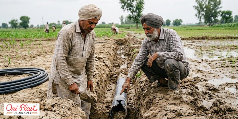 Two Indian farmers examining a cracked underground agricultural pipe damaged by soil shifting and bursts after heavy rain.