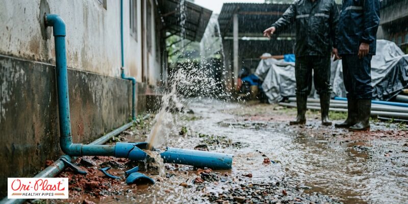 A shattered blue PVC water pipe leaking heavily next to a building wall, showing how rigid pipes suffer bursts in heavy rain.