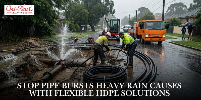 Municipal workers installing flexible black HDPE piping coils on a flooded street to prevent pipeline bursts during heavy rain.