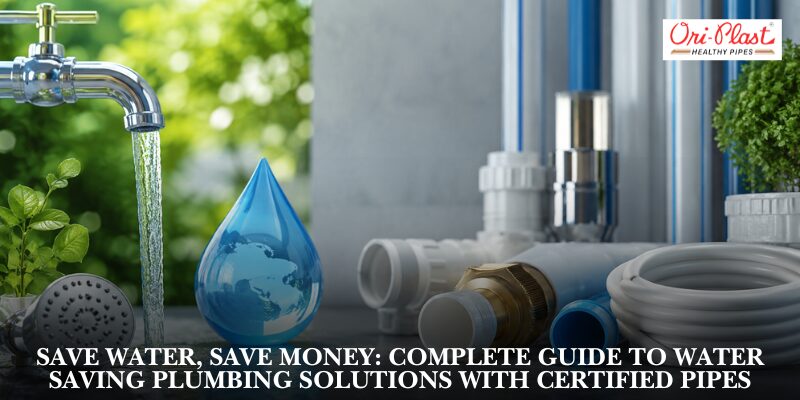 Comprehensive guide to water saving plumbing solutions featuring a running tap, eco-friendly water droplet, and certified Ori-Plast pipes.