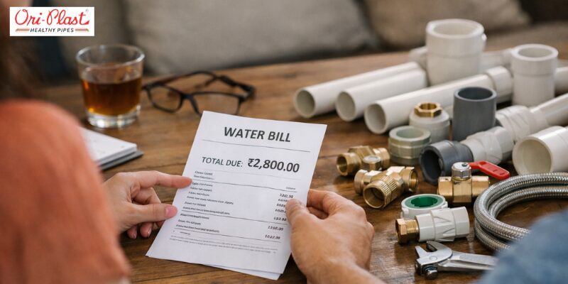 A person holding a high water bill next to efficient Ori-Plast plumbing pipes and fittings to reduce monthly utility costs.