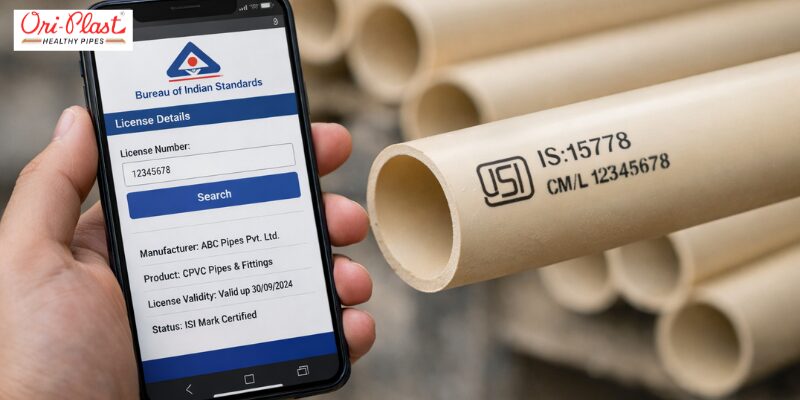 Verification of an ISI marked CPVC pipe on a smartphone, ensuring certified quality for sustainable water saving plumbing solutions.