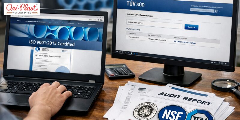 Laptop displaying ISO 9001 certification and plumbing audit reports to ensure high-grade infrastructure for water saving plumbing solutions.
