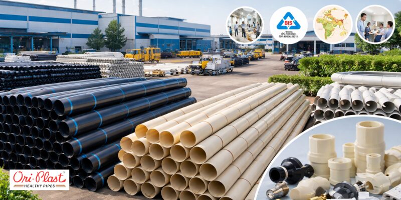 Large stock of industrial and domestic pipes at a manufacturing unit, highlighting certified materials used in water saving plumbing solutions.