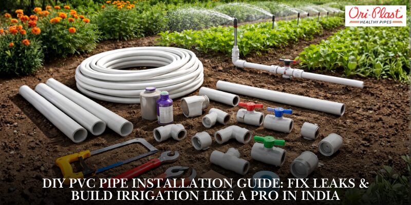 Banner for a DIY PVC pipe installation guide featuring Ori-Plast pipes, joints, adhesive solvent, and hand tools set against an active garden sprinkler system.