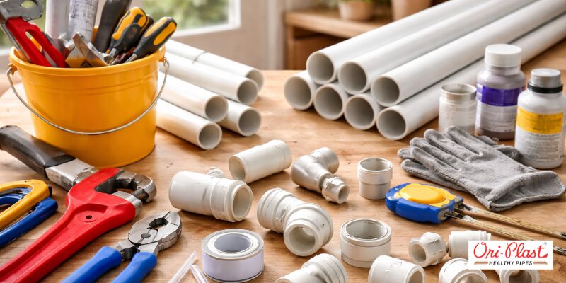 Essential plumbing tools, safety gloves, a yellow bucket, and white Ori-Plast conduits arranged on a wooden table for DIY PVC pipe installation.