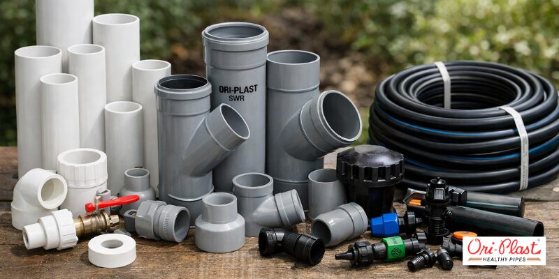 A collection of Ori-Plast PVC, SWR grey pipes, white plumbing fittings, and black coils ready for a home DIY PVC pipe installation project.